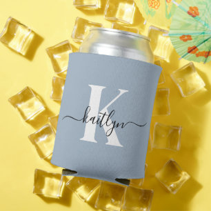 Elegant Dusty Blue Script Monogram Can Cooler