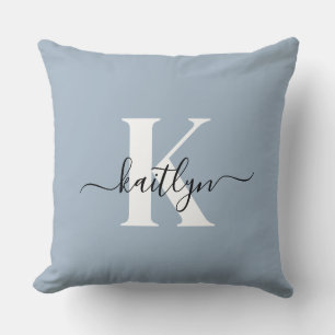 Elegant Dusty Blue Script Monogram Cushion