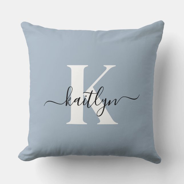 Elegant Dusty Blue Script Monogram Cushion (Front)