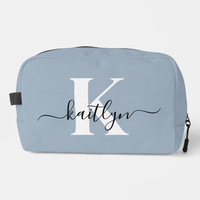 Elegant Dusty Blue Script Monogram Dopp Kit (Front)