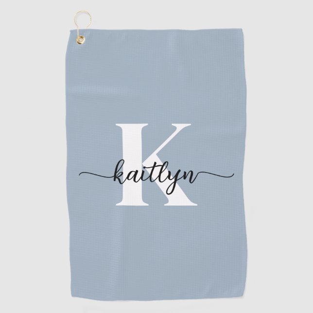 Elegant Dusty Blue Script Monogram Golf Towel (Front)