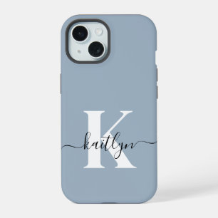 Elegant Dusty Blue Script Monogram iPhone 15 Case