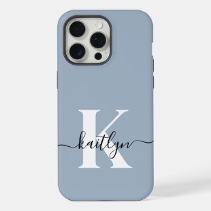 Elegant Dusty Blue Script Monogram iPhone 15 Pro Max Case