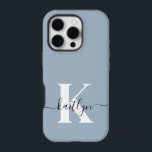 Elegant Dusty Blue Script Monogram iPhone 16 Pro Case<br><div class="desc">This simple, elegant dusty blue iPhone 16 Pro Case with your first name in a trendy script font in black and your first initial in a modern cap font in white would look fabulous on your cell phone and will keep it protected from breakage. It's stylish and trendy and yet...</div>