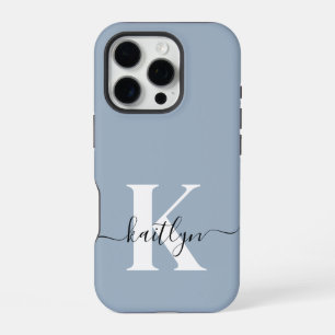 Elegant Dusty Blue Script Monogram iPhone 16 Pro Case