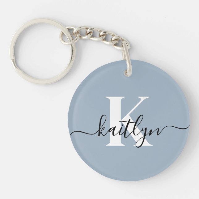 Elegant Dusty Blue Script Monogram Key Ring (Front)