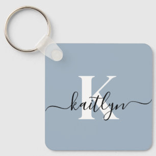 Elegant Dusty Blue Script Monogram Key Ring