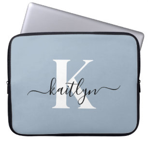 Elegant Dusty Blue Script Monogram Laptop Sleeve