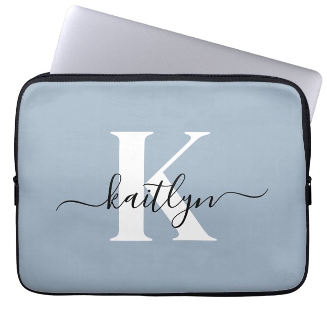 Elegant Dusty Blue Script Monogram Laptop Sleeve (Front)