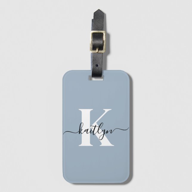 Elegant Dusty Blue Script Monogram Luggage Tag (Front Vertical)