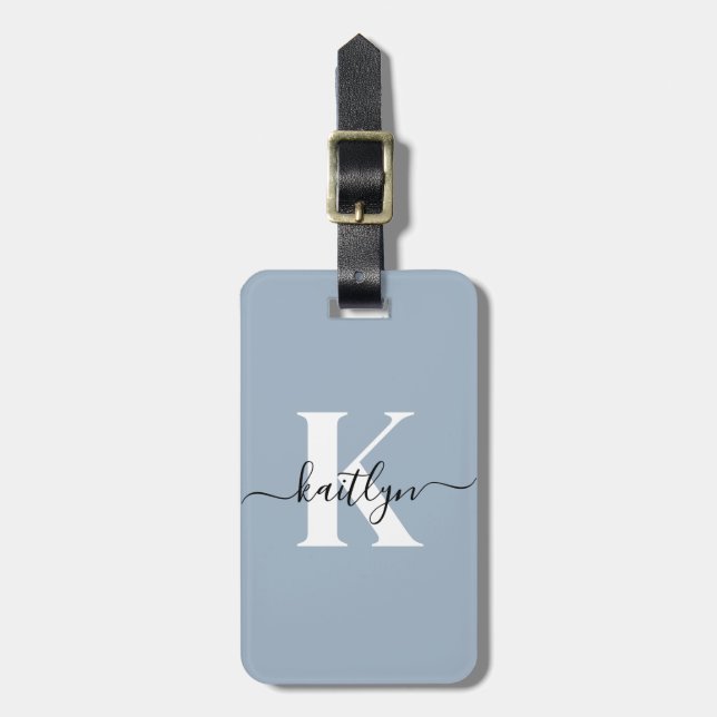 Elegant Dusty Blue Script Monogram Luggage Tag (Front Vertical)