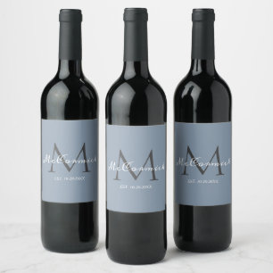 Elegant Dusty Blue Script Monogram Personalised Wine Label