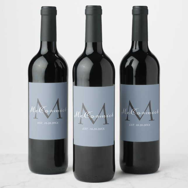 Elegant Dusty Blue Script Monogram Personalised Wine Label (Bottles)