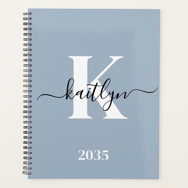 Elegant Dusty Blue Script Monogram Planner (Front)