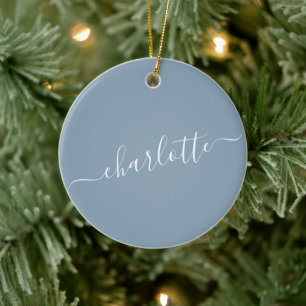 Elegant Dusty Blue Script Name Personalised Ceramic Ornament
