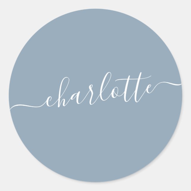 Elegant Dusty Blue Script Name Personalised  Classic Round Sticker (Front)