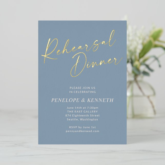 Elegant Dusty Blue Script Rehearsal Dinner Gold (Standing Front)