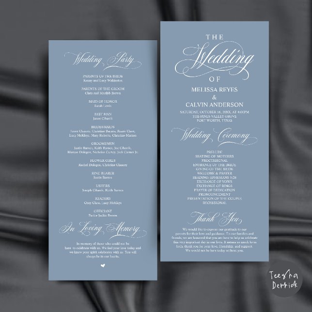 Elegant Dusty Blue Script Wedding Ceremony Program (Elegant Dusty Blue Script Wedding Ceremony Order Program Card)