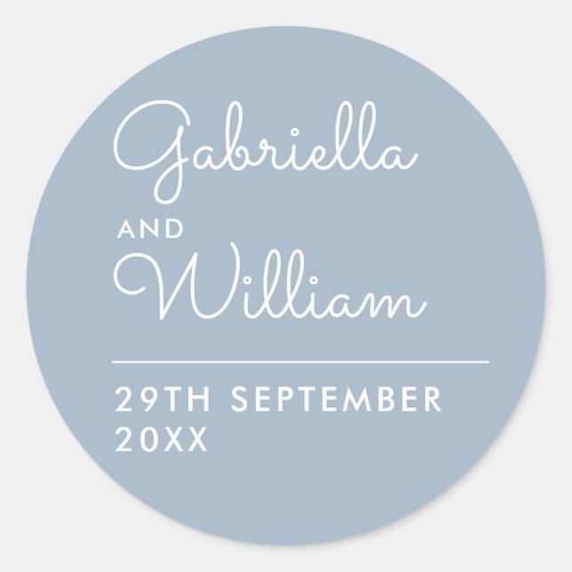 Elegant Dusty Blue Script Wedding Favour Classic Round Sticker (Front)