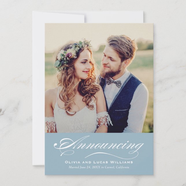 Elegant Dusty Blue Script Wedding Photo Reception Invitation (Front)
