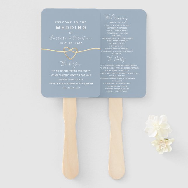 Elegant Dusty Blue Script Wedding Program Hand Fan (Front and Back)