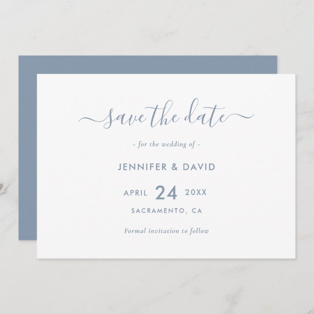 Elegant Dusty Blue Script Wedding Save The Date (Front/Back)