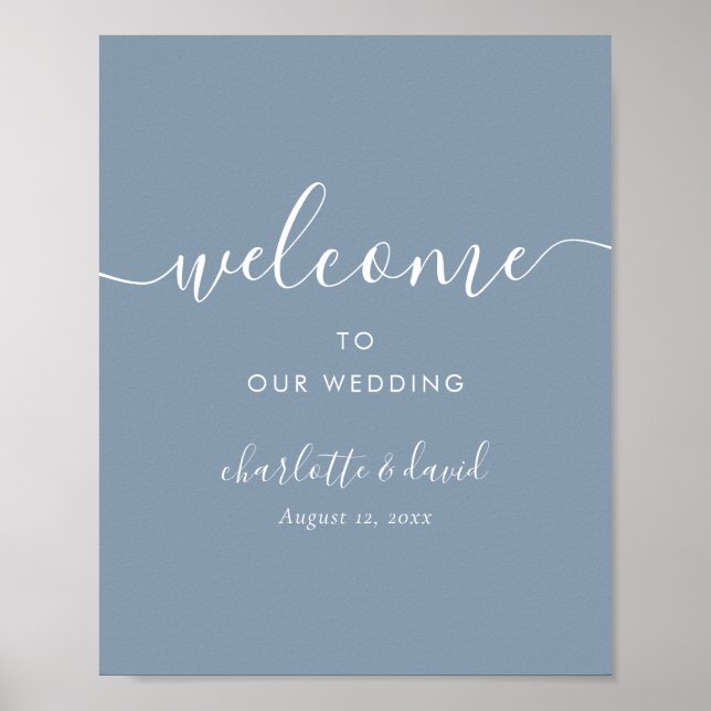Elegant Dusty Blue Script Wedding Welcome Sign (Front)