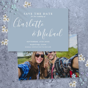 Elegant Dusty Blue Signature Script Photo Save The Date