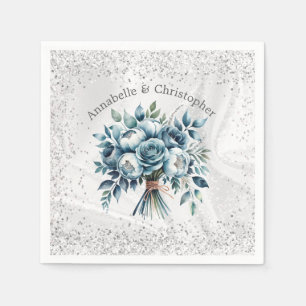 Elegant Dusty Blue Silver Bouquet Wedding Napkin