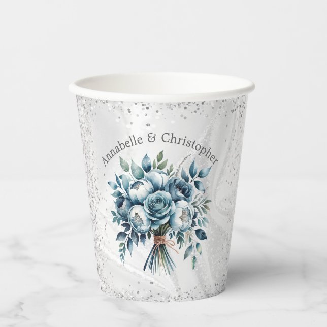 Elegant Dusty Blue Silver Bouquet Wedding Paper Cups (Front)