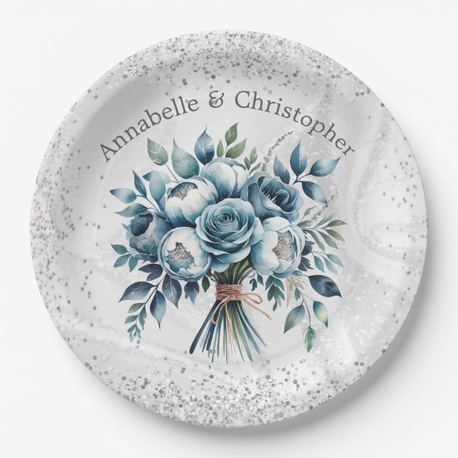 Elegant Dusty Blue Silver Bouquet Wedding Paper Plate (Front)