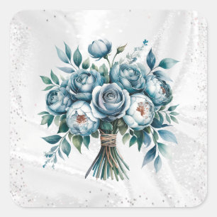 Elegant Dusty Blue Silver Bouquet Wedding Square Sticker