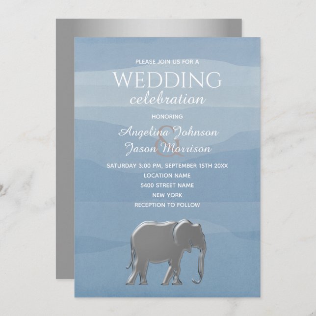Elegant Dusty Blue Silver Elephant Wedding Invitation (Front/Back)
