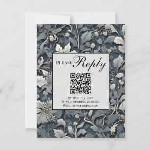 Elegant dusty blue silver  grey floral QR code RSVP Card
