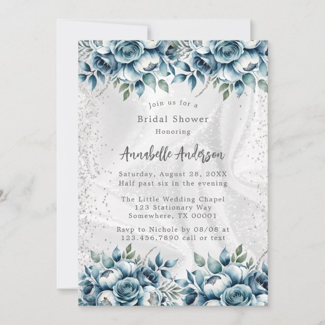 Elegant Dusty Blue Silver Rose Bridal Shower Invitation (Front)