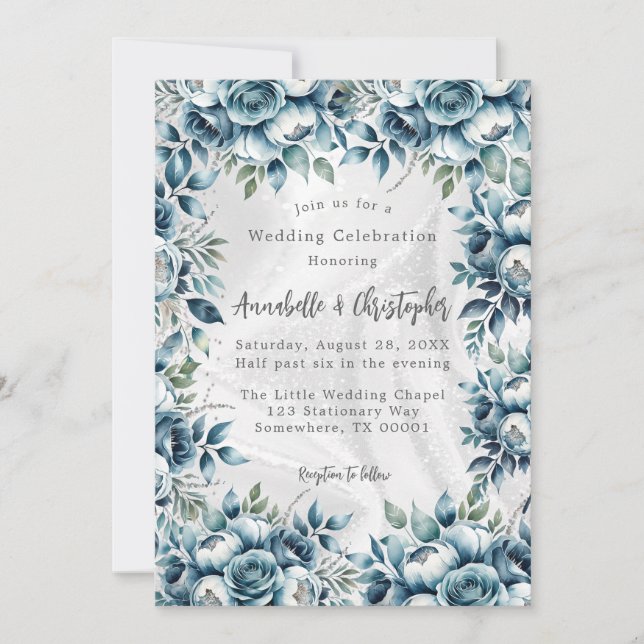 Elegant Dusty Blue Silver Rose Wedding Celebration Invitation (Front)