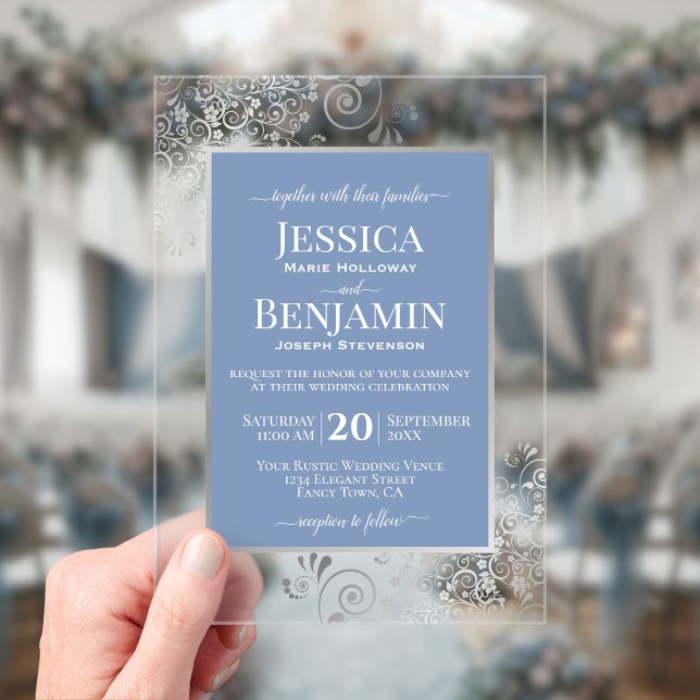 Elegant Dusty Blue & Silver Stylish Text Wedding Acrylic Invitations (Creator Uploaded)