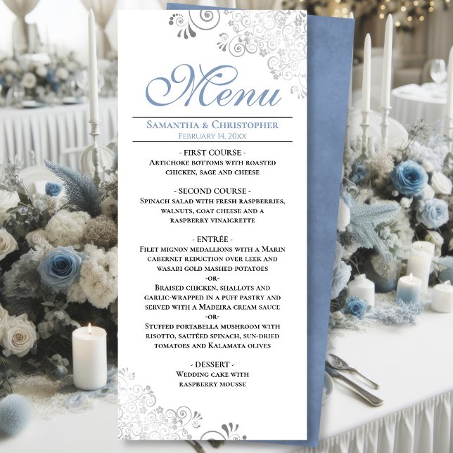 Elegant Dusty Blue Silver Swirls on White Wedding Menu (Front/Back)