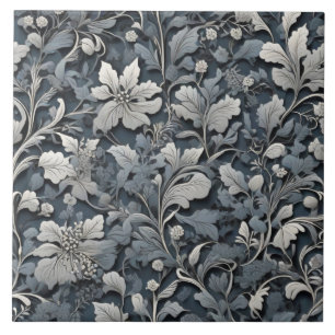 Elegant dusty blue silver white gray floral ceramic tile