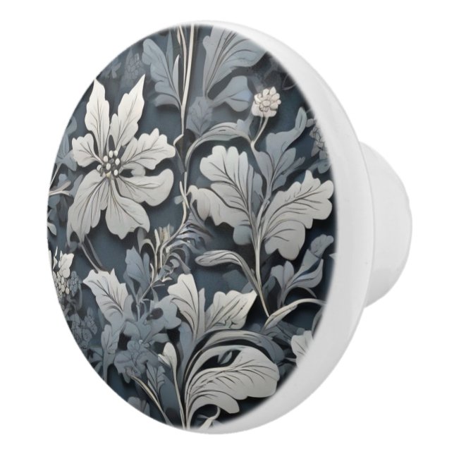 Elegant dusty blue silver white grey floral ceramic knob (Right)