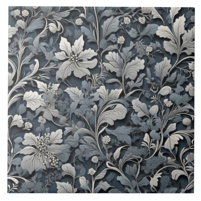 Elegant dusty blue silver white grey floral ceramic tile (Front)