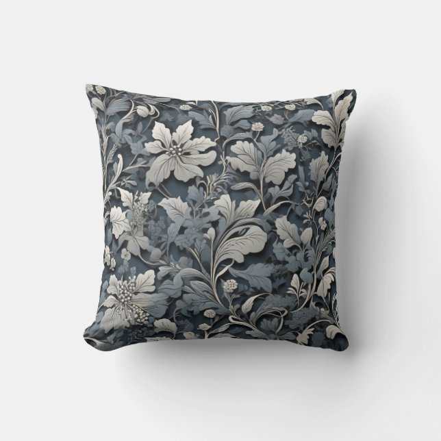 Elegant dusty blue silver white grey floral cushion (Front)