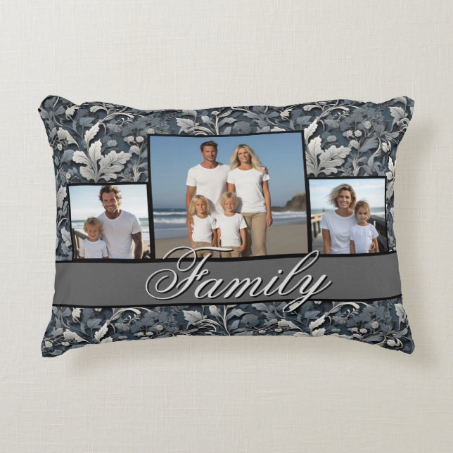 Elegant dusty blue silver white grey floral decorative cushion (Front)