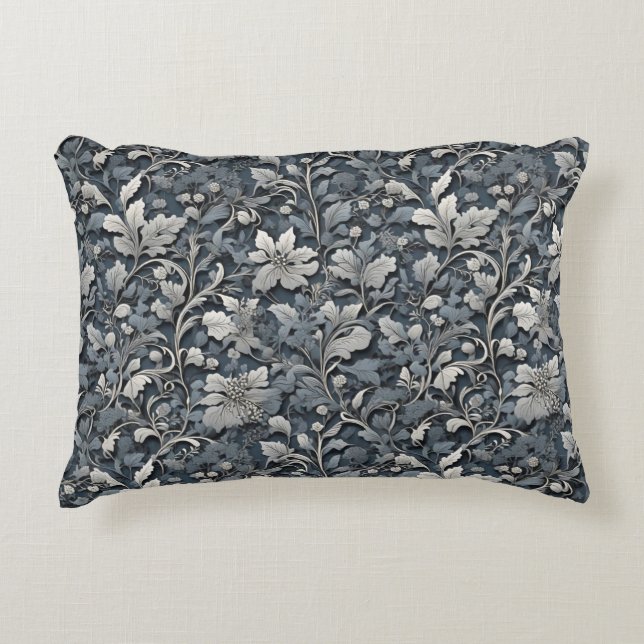 Elegant dusty blue silver white grey floral decorative cushion (Front)