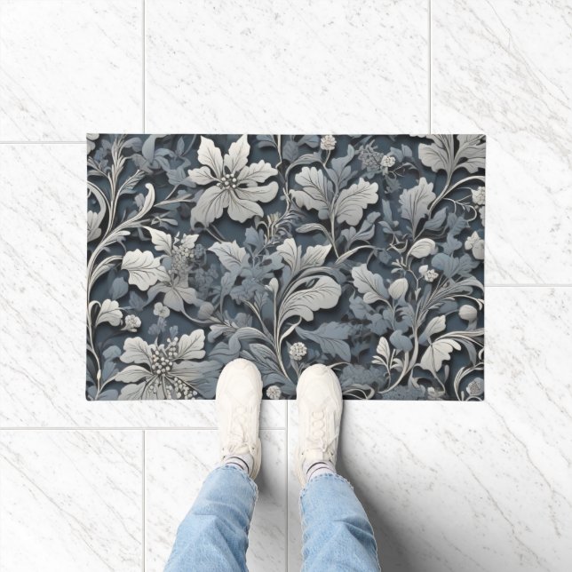 Elegant dusty blue silver white grey floral doormat (Indoor)