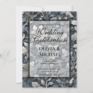 Elegant dusty blue silver white grey floral invitation