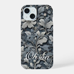 Elegant dusty blue silver white grey floral iPhone 15 case
