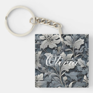 Elegant dusty blue silver white grey floral key ring
