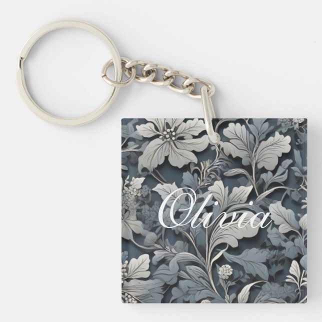Elegant dusty blue silver white grey floral key ring (Front)