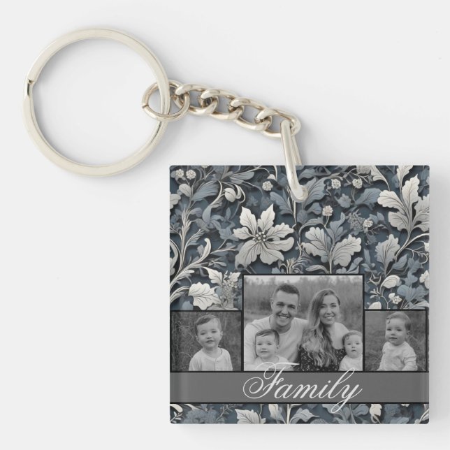 Elegant dusty blue silver white grey floral key ring (Front)